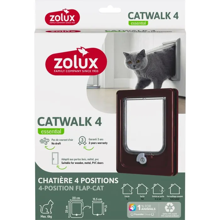 Zolux Chatière Catwalk Manuelle 4 Positions pour Chat (jusqu'à 6 kg), Battant Polycarbonate, Installation Porte/Mur (Bois, PVC, Métal, Ép. 11-25 mm), Dimensions L20 x H25 cm, Marron