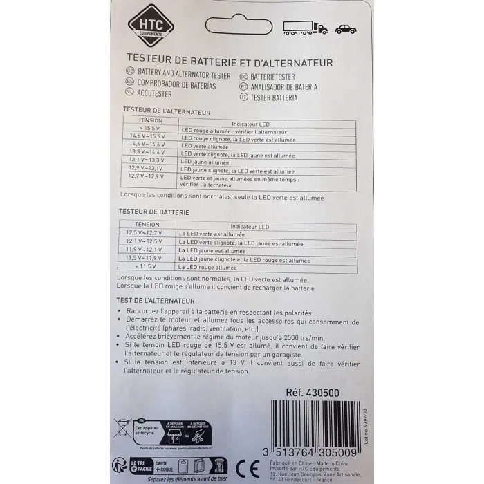 HTC Equipement Testeur de batterie et d'alternateur 12V – 6 LED indicateurs – Pince batterie – Câble 60 cm