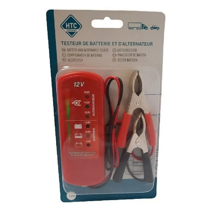 HTC Equipement Testeur de batterie et d'alternateur 12V – 6 LED indicateurs – Pince batterie – Câble 60 cm