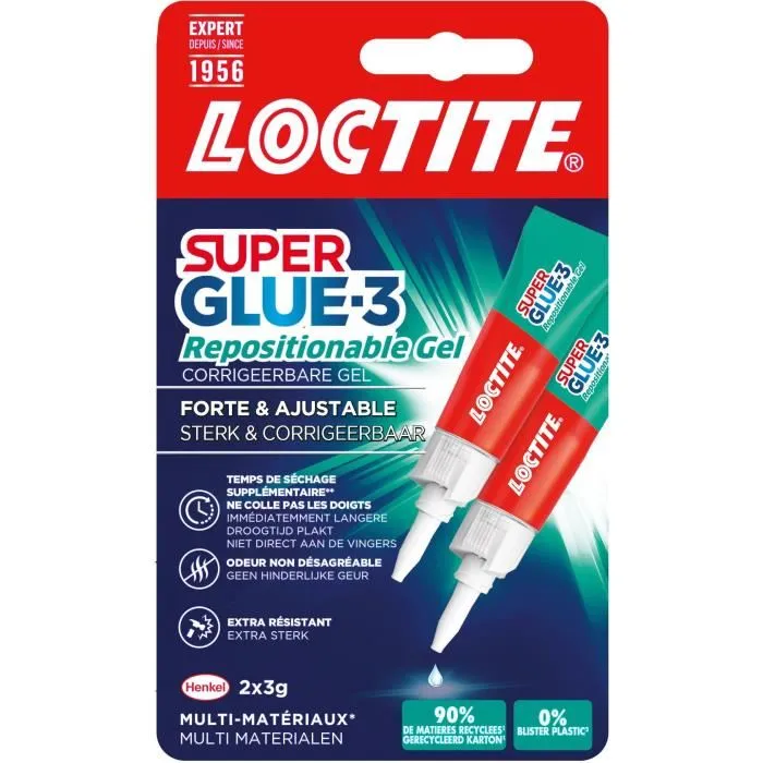 Loctite Superglue-3 - Colle Cyanoacrylate Gel Instantanée 3g - Résistante à l'Eau et Lave-Vaisselle - Lot de 2 Blisters Loctite Superglue-3 - Colle Cyanoacrylate Gel Instantanée 3g - Résistante à l'Eau et Lave-Vaisselle - Lot de 2 Blisters