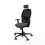 Chaise Alfera Synchro 4 positions tissu Gris foncé Maille Noir Base en nylon noir Accoudoir 1D Appui-tête 2D Roulettes 65mm pour moquette