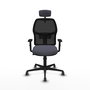 Chaise Alfera Synchro 4 positions tissu Gris foncé Maille Noir Base en nylon noir Accoudoir 1D Appui-tête 2D Roulettes 65mm pour moquette