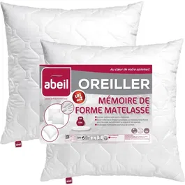 Abeil Lot de 2 Oreillers à mémoire de forme matelassés, Blanc 60x60 cm, pour un sommeil doux et confortable