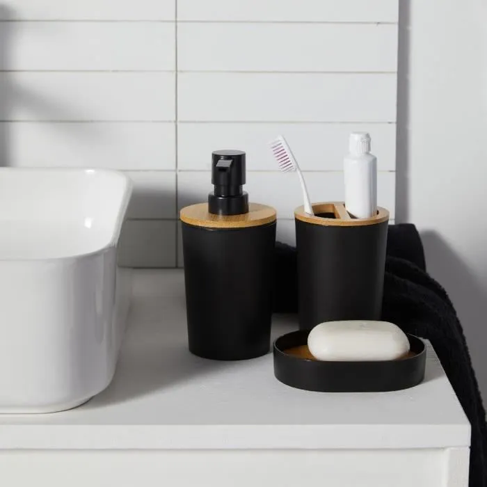 Today - Lot de 6 accessoires salle de bain Utility : distributeur de savon, gobelet, porte-brosse à dents, porte-savon, brosse WC, poubelle - Noir en plastique et bambou