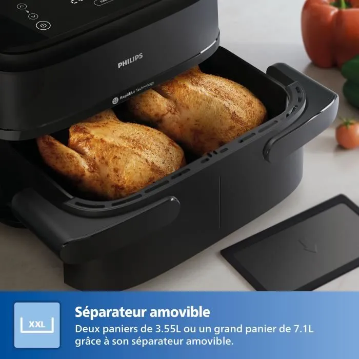 Philips Airfryer Série 1000, Friteuse sans huile 2400W 7.1L NA150/00 Noir avec Panier flexible et séparateur amovible, Écran tactile, 6 pré-réglages