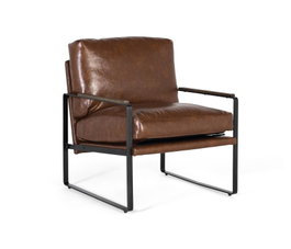 GINER Y COLOMER Fauteuil industriel en fer noir et similicuir marron vieilli