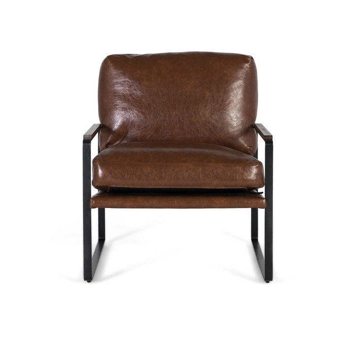 Giner y Colomer Fauteuil industriel contemporain en fer noir et simili cuir brun vieilli - Structure en fer noir, assise rembourrée - Dimensions fournies