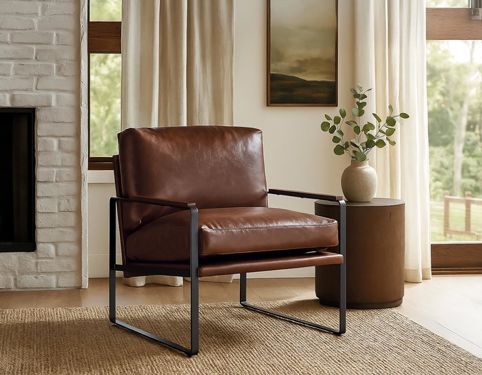 Giner y Colomer Fauteuil industriel contemporain en fer noir et simili cuir brun vieilli - Structure en fer noir, assise rembourrée - Dimensions fournies