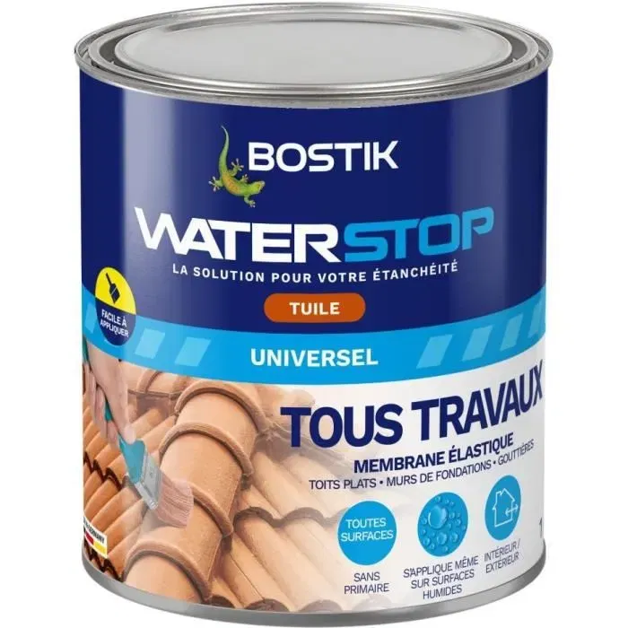 Bostik Waterstop - Membrane d'étanchéité multi-travaux haute performance - Réparation fuites et fissures - Pour toitures, terrasses, solins - Pot 1 kg - Couleur tuile Bostik Waterstop - Membrane d'étanchéité multi-travaux haute performance - Réparation fuites et fissures - Pour toitures, terrasses, solins - Pot 1 kg - Couleur tuile