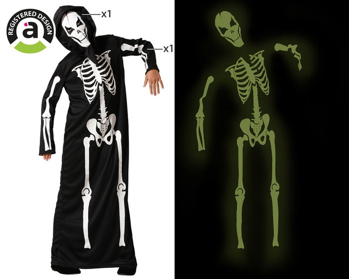 Déguisement d'enfant squelette phosphorescent avec capuche unisex, taille 7-9 ans - Idéal Halloween, événements nocturnes, noir Déguisement d'enfant squelette phosphorescent avec capuche unisex, taille 7-9 ans - Idéal Halloween, événements nocturnes, noir