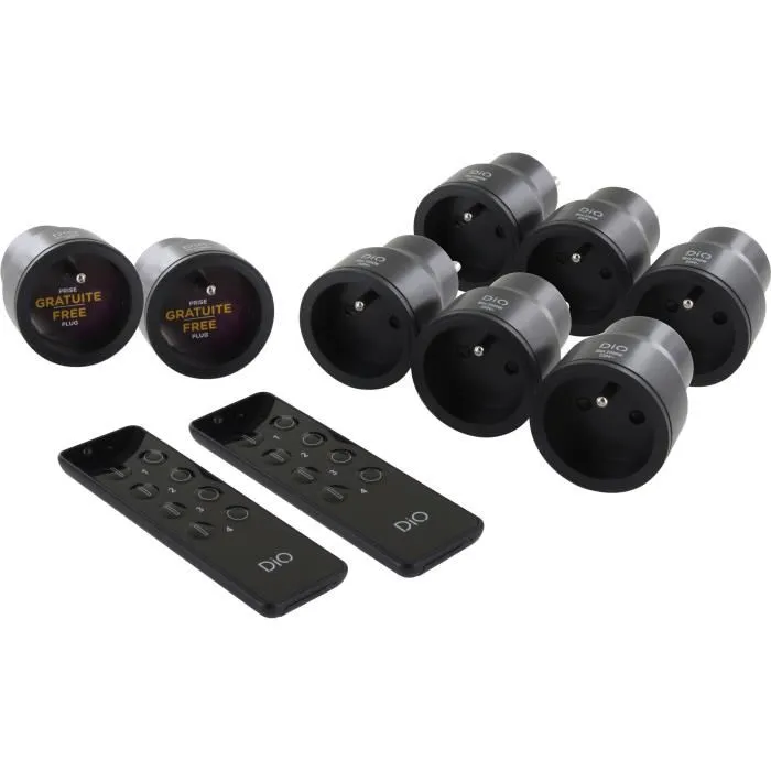 DiO CONNECTED HOME - Kit 8 Prises Connectées Nano Noires ON/OFF DiO 1.0 avec 2 Télécommandes 3 Canaux pour Maison Intelligente - Portée 50 m