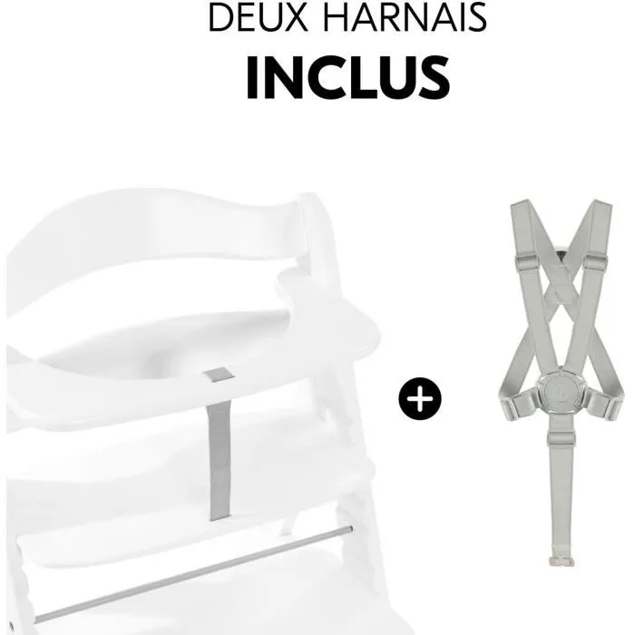 Hauck Chaise Haute Évolutive ALPHA+B en Bois FSC Blanc - De 6 Mois à 90 kg, Harnais 5 Points, Réglable, avec Patins Anti-Basculement