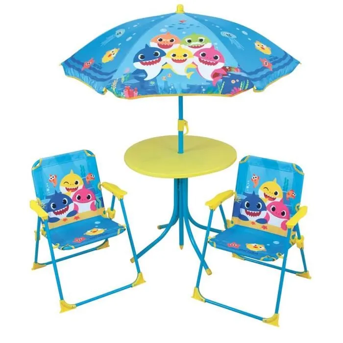 Fun House Salon de jardin Baby Shark pour enfants - Set avec table ronde, 2 chaises et parasol