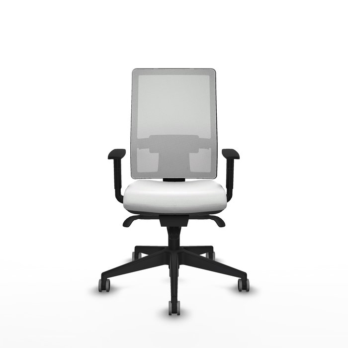 Chaise Horna Synchro 5 positions tissu Blanc Base pyramidale noire Accoudoir 1D Sans appui-tête Roulettes 65mm pour moquette