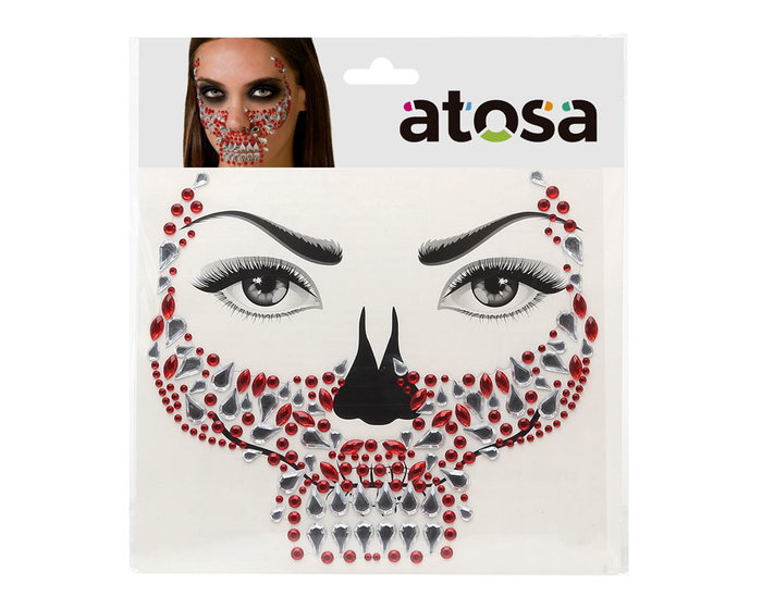 Stickers Faciaux Adhésifs Décoratifs, Crâne en Rouge et Argent, pour Costume Infernal, Halloween, Maquillage Démon/Vampire