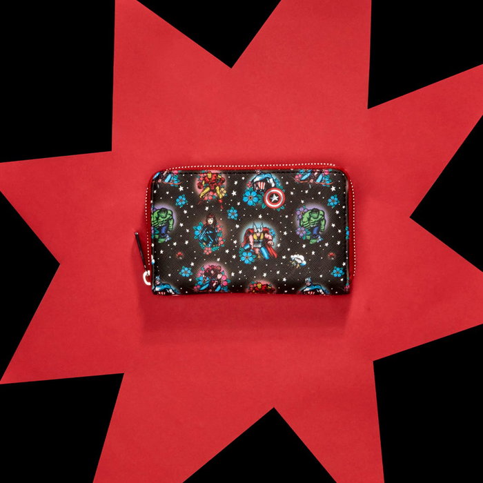 Loungefly Portefeuille à fermeture éclair Marvel Avengers Tattoo Floral Cuir Végétalien
