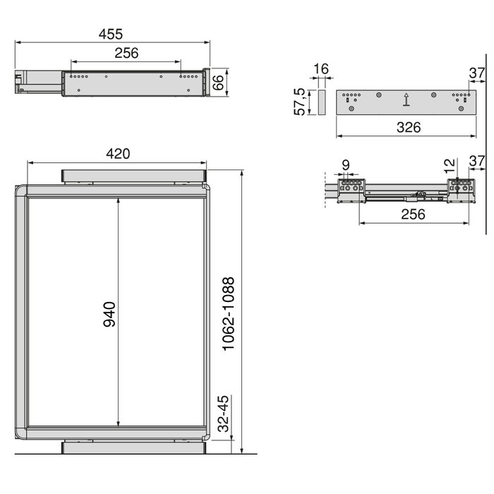 Emuca Rack avec glissières à extension totale et à fermeture douce pour accessoires d'armoire Quartz, 1062-1088mm, Aluminium et plastique, Titane