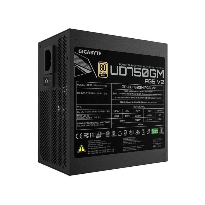 GIGABYTE GP-UD750GM PG5 V2 - Alimentation PC modulaire 750W 80+ Gold, ventilateur 120 mm silencieux, protégée (OVP/OPP/SCP/UVP), pour gaming et pro