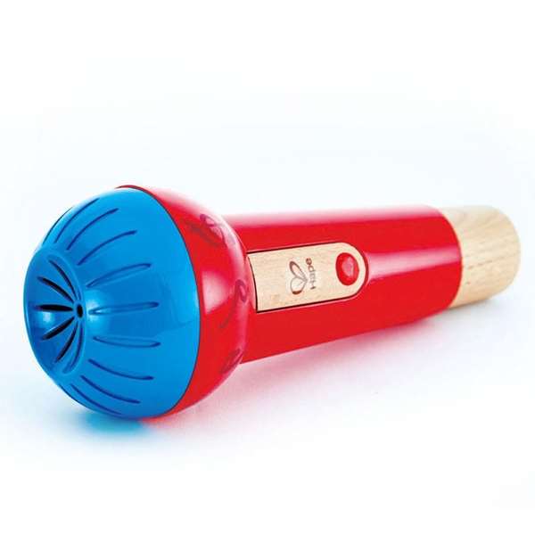 Hape Microphone en bois pour enfants avec effets d'écho, rythmes et sons multilingues - Dimensions 8x21,8x8 cm