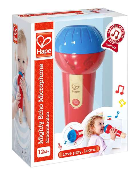 Hape Microphone en bois pour enfants avec effets d'écho, rythmes et sons multilingues - Dimensions 8x21,8x8 cm