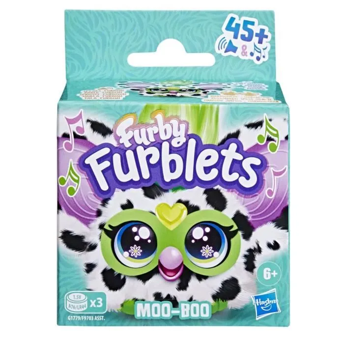 Furby Furblets Moo-Boo - Mini peluche électronique vache, plus de 45 sons et phrases, pour enfants dès 6 ans, série 4, Hasbro