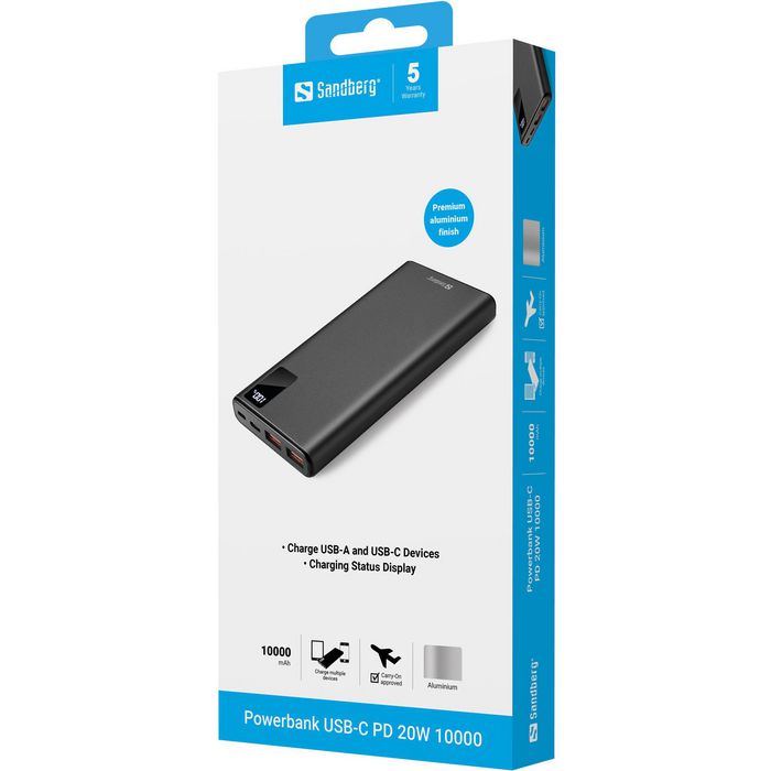 Sandberg Powerbank USB-C PD 20W 10000 mAh - Batterie externe portable en aluminium pour smartphone