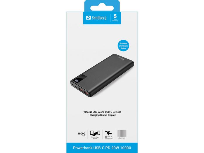 Sandberg Powerbank USB-C PD 20W 10000 mAh - Batterie externe portable en aluminium pour smartphone