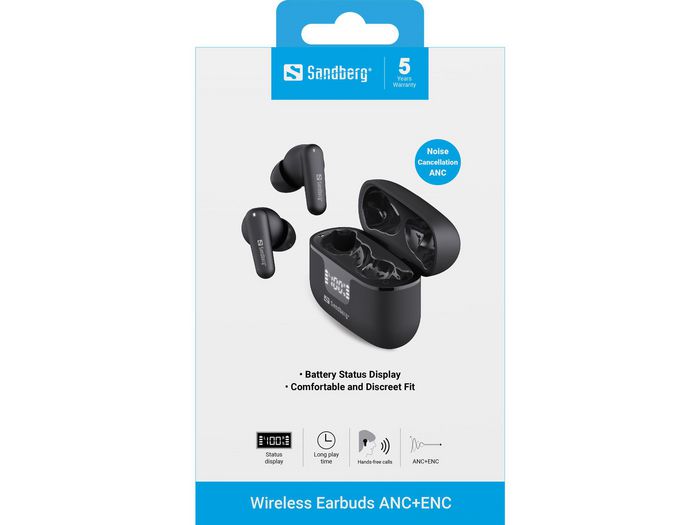 Sandberg Earbuds ANC+ENC - Écouteurs sans fil Bluetooth avec suppression active du bruit (ANC), suppression du bruit environnemental (ENC) et affichage de la batterie