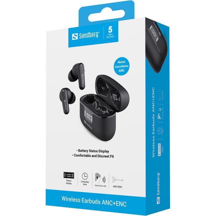 Sandberg Earbuds ANC+ENC - Écouteurs sans fil Bluetooth avec suppression active du bruit (ANC), suppression du bruit environnemental (ENC) et affichage de la batterie