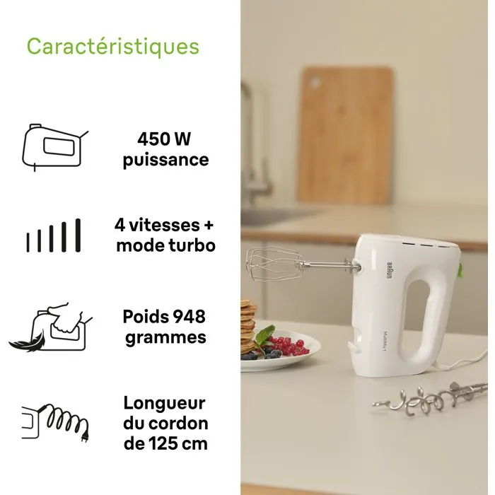 Braun HM1100WH MultiMix 1 - Batteur électrique 450 W, 4 vitesses + Turbo, blanc