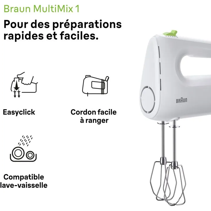 Braun HM1100WH MultiMix 1 - Batteur électrique 450 W, 4 vitesses + Turbo, blanc