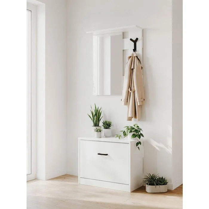 Vestiaire d'entrée Limone blanc avec miroir et rangements Vestiaire d'entrée Limone blanc avec miroir et rangements