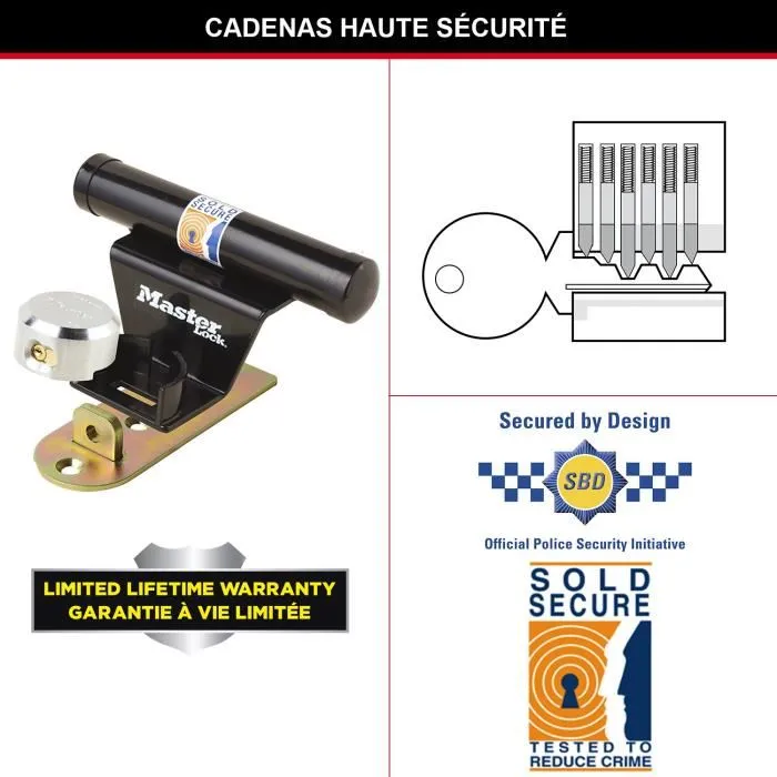Master Lock Kit Antivol pour Porte de Garage Basculante 1488EURDAT - Barre de Sécurité et Cadenas Acier - Cylindre 6 Goupilles, Certifié Sold Secure