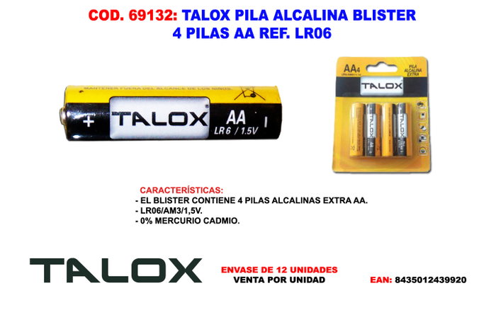 TALOX Piles Alcalines AA LR06 en Blister de 4 Unités