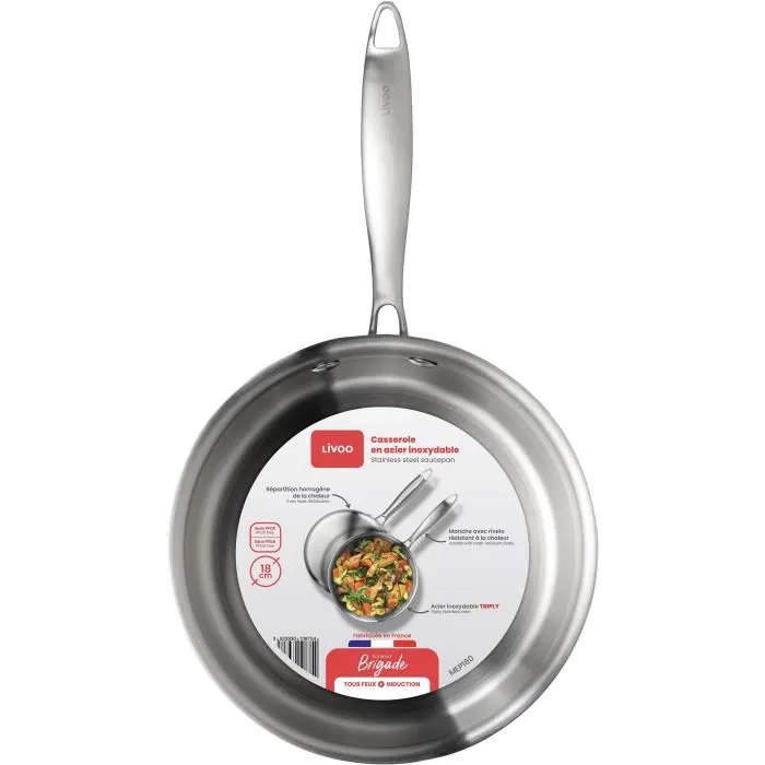 Livoo Casserole inox Triply 18 cm avec couvercle - Acier inoxydable 18/10 - Compatible induction et four - Fabriquée en France - MEP160