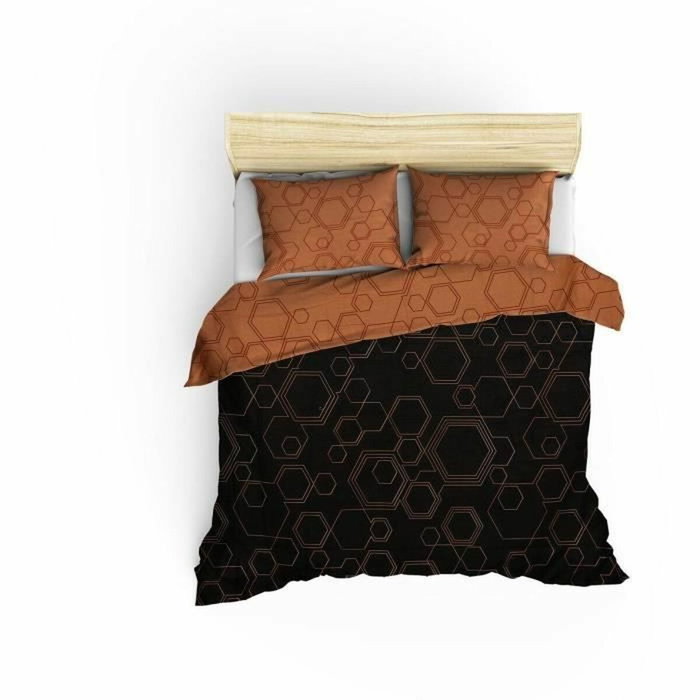 BigBuy Home Parure de lit en coton renforcé Cuivre-Noir 220 x 240 cm avec 2 taies d'oreiller