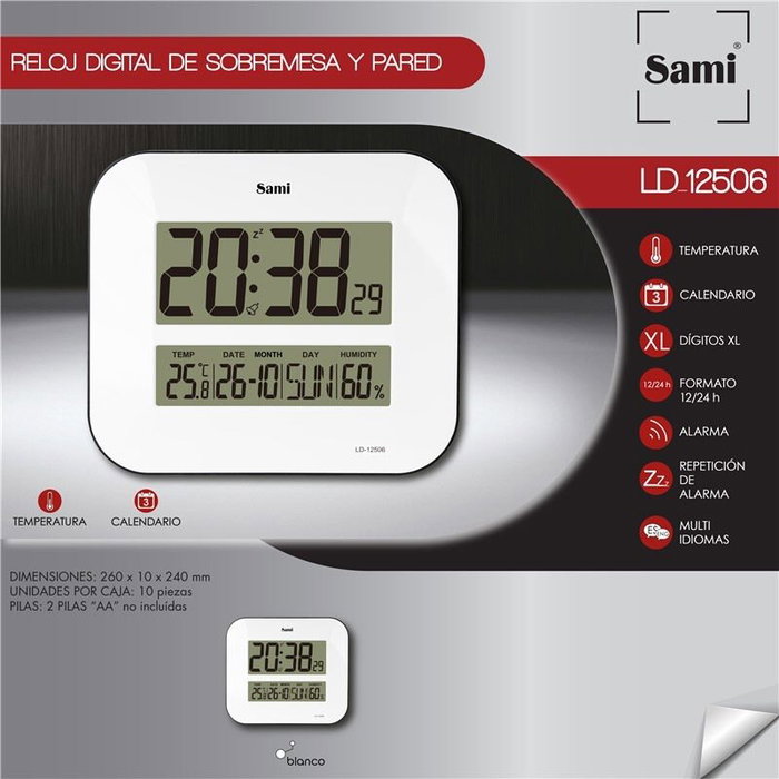 SAMI Réveil LCD numérique blanc avec calendrier pour bureau ou mur