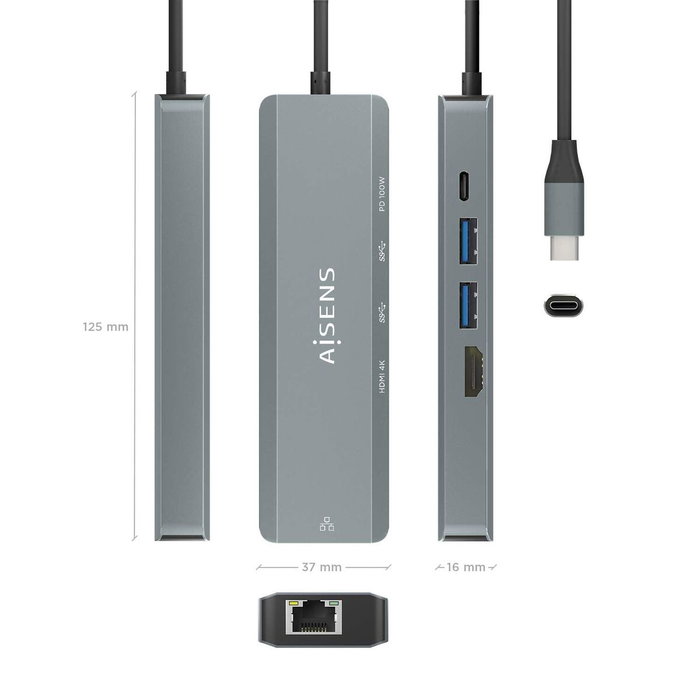 Hub USB Aisens ASUC-5P011-GR Gris Multicouleur 100 W Hub USB Aisens ASUC-5P011-GR Gris Multicouleur 100 W