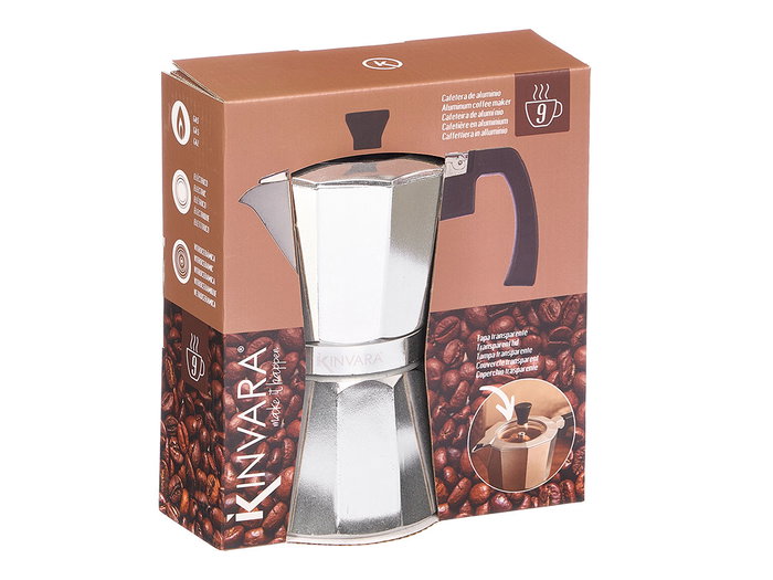 Kinvara Cafetière à Expresso Aluminium 9 Tasses avec Couvercle Transparent 18x21x11 cm (360 ml) (Set de 6)