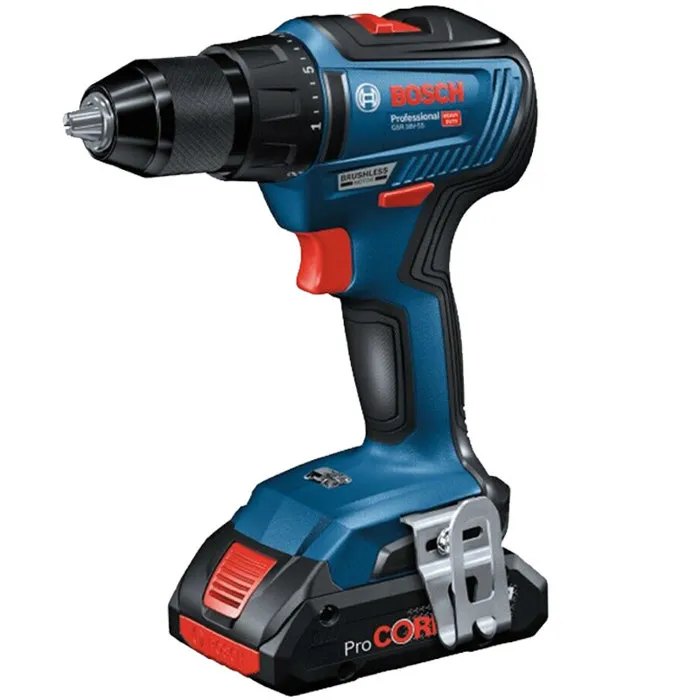 Bosch Professional Perceuse-visseuse sans fil 18V GSR, couple 55 Nm, 1750 tr/min, mandrin métallique 13 mm, avec 2 batteries ProCore 4.0Ah et L-BOXX - Réf. 06019H5204