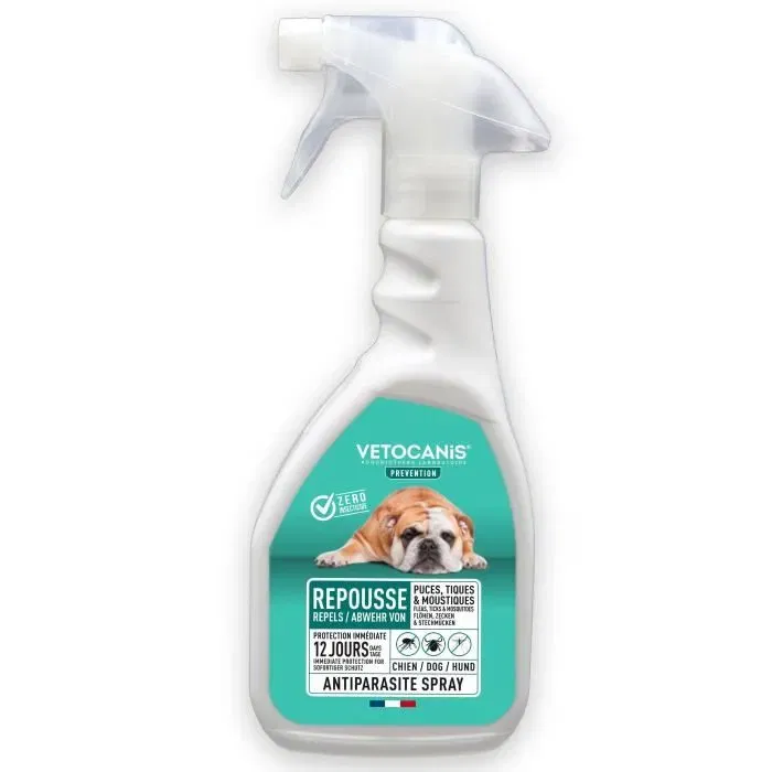 VETOCANIS Spray Anti-Puces, Anti-Tiques et Anti-Moustiques pour Chien - Répulsif Efficace 12 Jours - 500 ml
