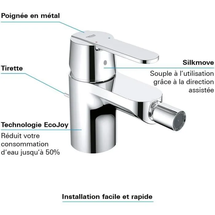 Grohe Mitigeur monocommande Bidet S Get chromé 32885000 - Robinetterie salle de bain, design minimaliste, chrome brillant, cartouche céramique 35 mm, EcoJoy 5.7 l/min