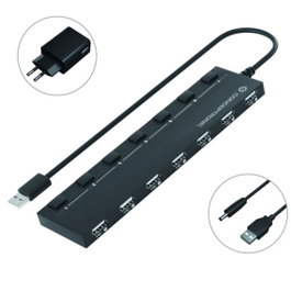 Conceptronic Hubbies08 7 Hub USB 2.0 7 ports noir avec interrupteurs LED et adaptateur secteur