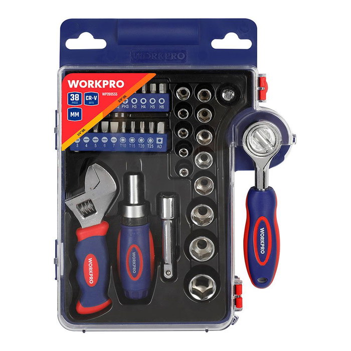 Workpro 38 Pièces Coffret Douilles avec Cliquet, Poignée et Clé Adjustable Métrique Workpro 38 Pièces Coffret Douilles avec Cliquet, Poignée et Clé Adjustable Métrique