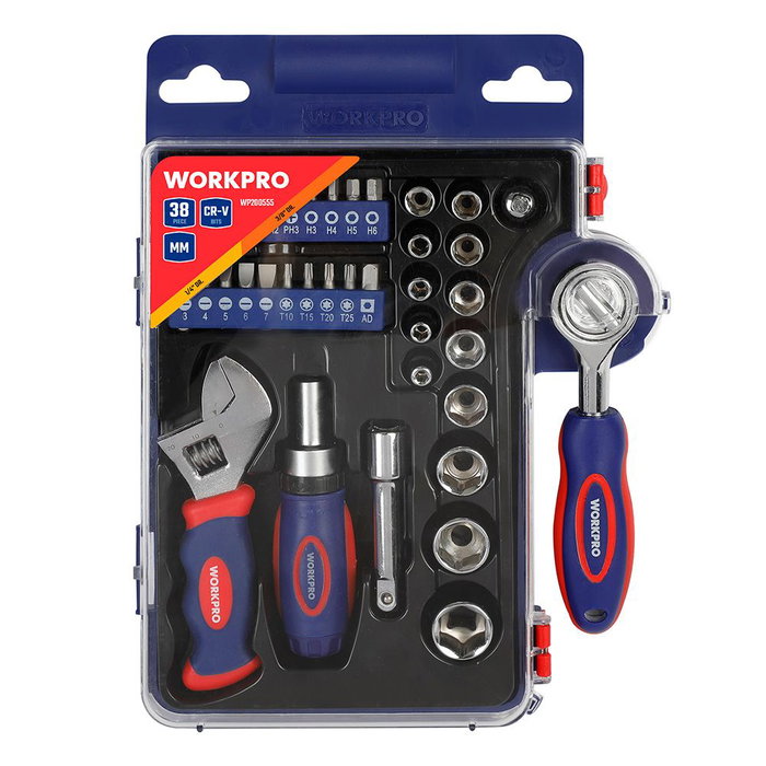 Workpro 38 Pièces Coffret Douilles avec Cliquet, Poignée et Clé Adjustable Métrique Workpro 38 Pièces Coffret Douilles avec Cliquet, Poignée et Clé Adjustable Métrique