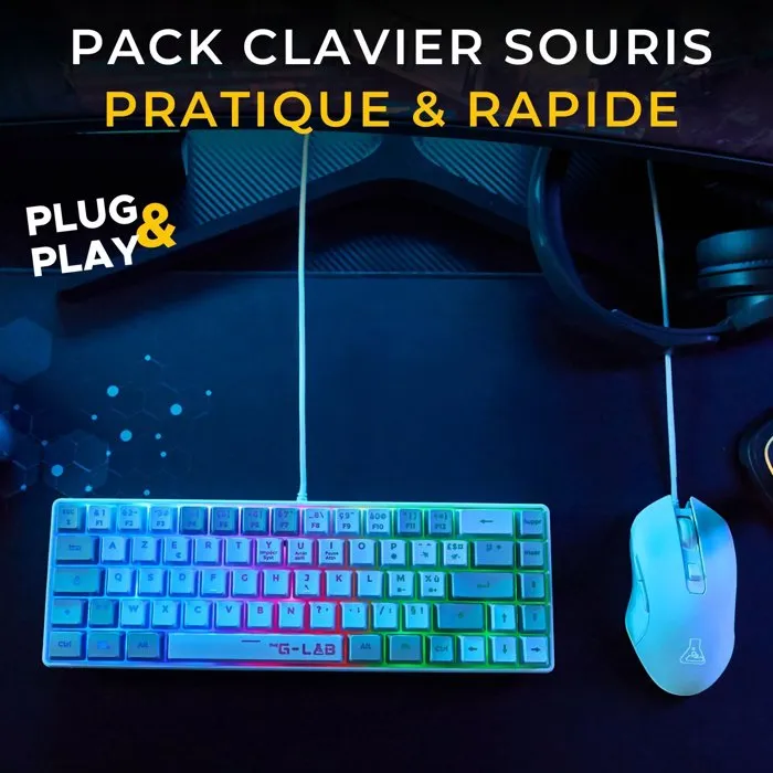 The G-Lab Combo Hydrogen - Pack 2 en 1 Clavier Gaming 60% AZERTY RGB Blanc/Gris avec Souris Filaire 6400 DPI - Pour Gamer et Bureau Moderne