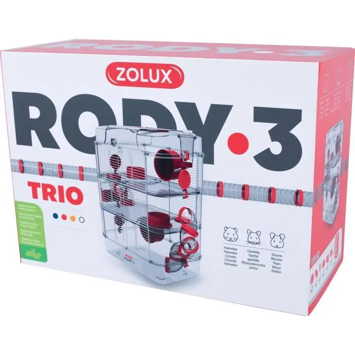 Zolux Rody3 trio - Cage 3 étages pour hamsters, souris, gerbilles - 41 x 27 x 53 cm - 2 roues, 7 tubes, biberon, nid - Coloris grenadine Zolux Rody3 trio - Cage 3 étages pour hamsters, souris, gerbilles - 41 x 27 x 53 cm - 2 roues, 7 tubes, biberon, nid - Coloris grenadine