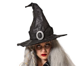 Chapeau de sorcière noir froissé avec boucle décorative pour adulte - Accessoire pour Halloween et déguisements