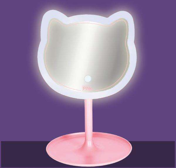 Nice Miroir de maquillage Pink It en forme de chat avec lumière, 29 cm