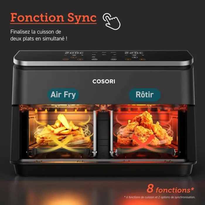 COSORI Friteuse sans huile Dual Basket Chef Edition 8.5L, 2 paniers indépendants, 8 programmes de cuisson, 1750W, Noir